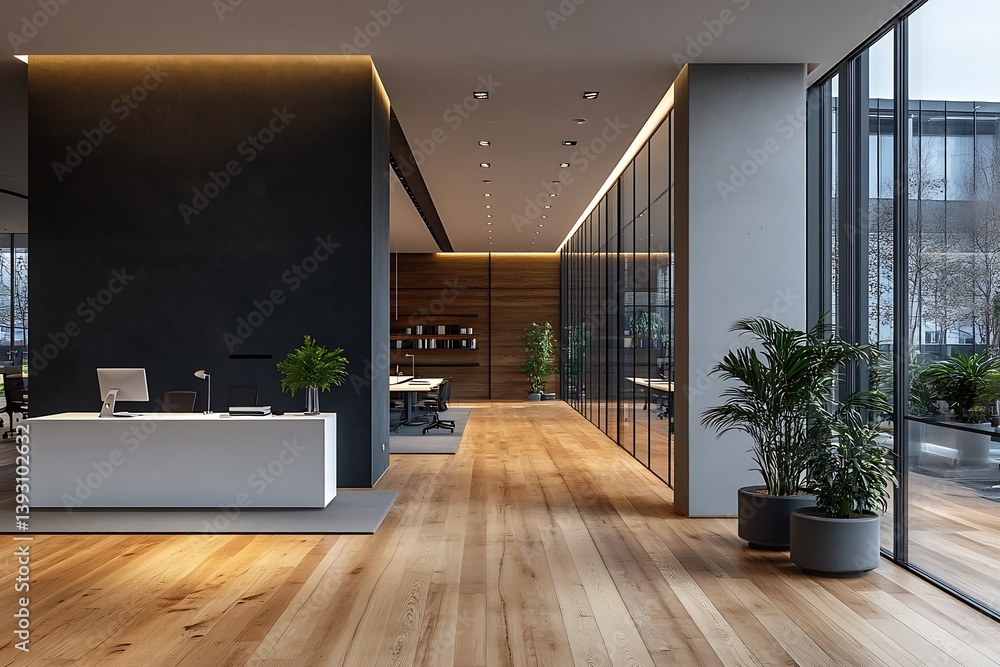 Fototapeta premium Modern Office Reception Area with Clean Lines and Natural Light Inviting Space for Business and Collaboration : Generative AI