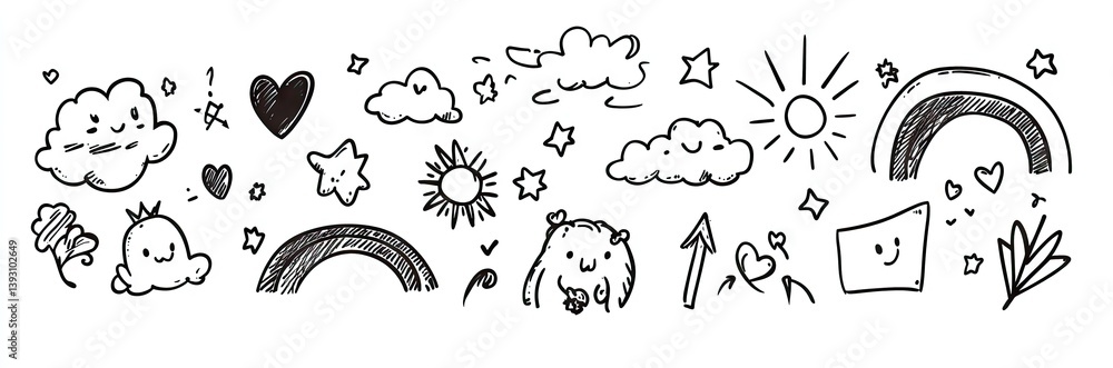 Hand-drawn doodle collection of clouds, sun, stars, hearts, rainbows, and other playful elements Hand-drawn doodle collection of clouds, sun, stars, hearts, rainbows, and other playful elements