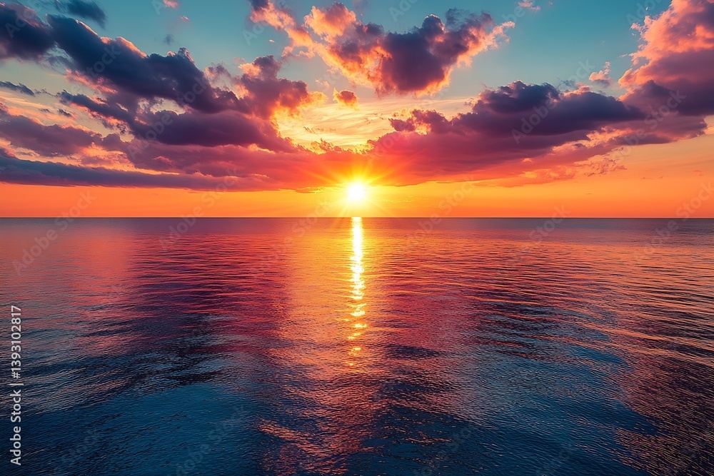 Obraz premium Vibrant Sunset Over Ocean with Colorful Clouds and Golden Reflection Creating Tranquil Seascape View : Generative AI