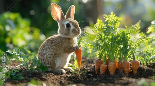 Cute rabbit holding carrot beside fresh vegetables in garden setting