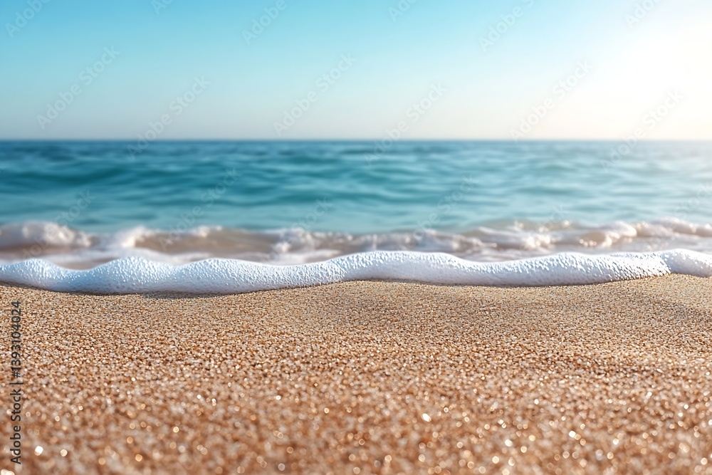 Calm Ocean Scenery Beach at Sunrise Sand in Foreground and Clear Blue Horizon Tranquility Nature Photography : Generative AI Calm Ocean Scenery Beach at Sunrise Sand in Foreground and Clear Blue Horizon Tranquility Nature Photography : Generative AI