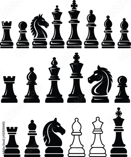 Complete Chess Set Silhouette Vector Illustration.