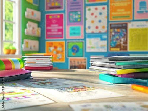 Clipart of creative colorful study space with variety of educational posters neatly stacked research papers set of vibrant open study books on modern desk.