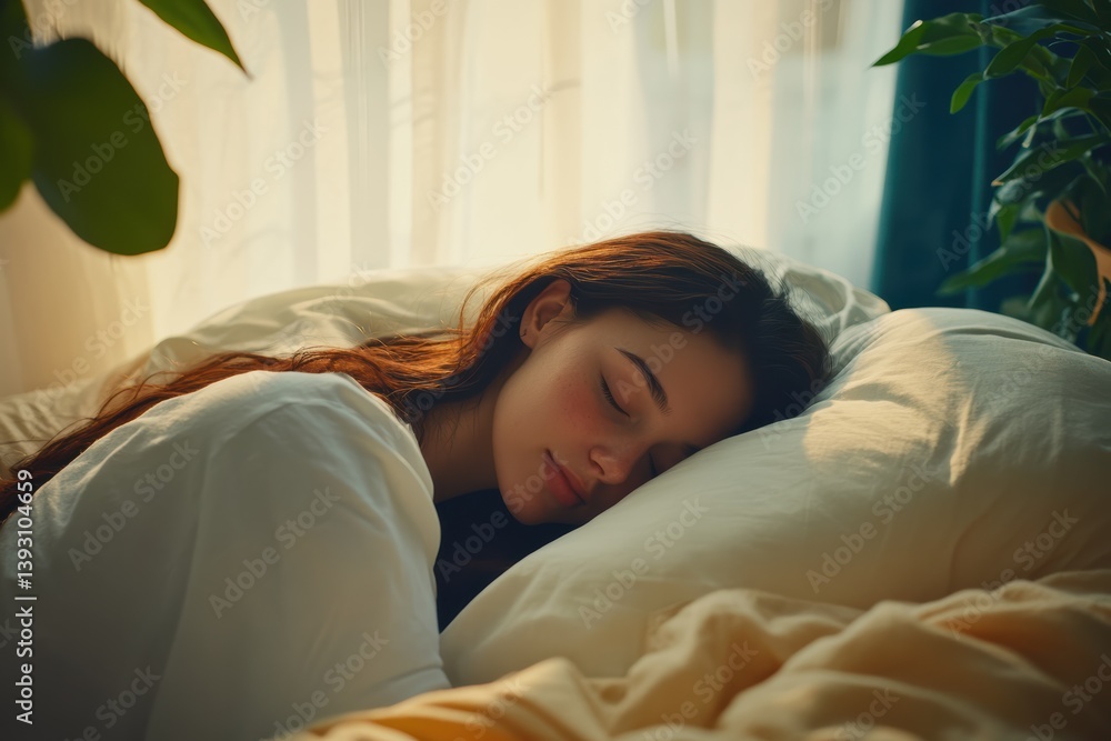 Embracing tranquility in a sunlit room while enjoying peaceful slumber on a cozy bed Embracing tranquility in a sunlit room while enjoying peaceful slumber on a cozy bed