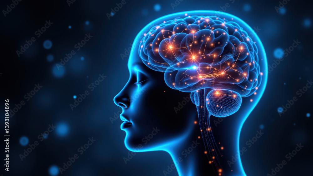 Vagus Nerve Stimulation visualized with a human head silhouette and glowing brain imagery. Vagus Nerve Stimulation visualized with a human head silhouette and glowing brain imagery.