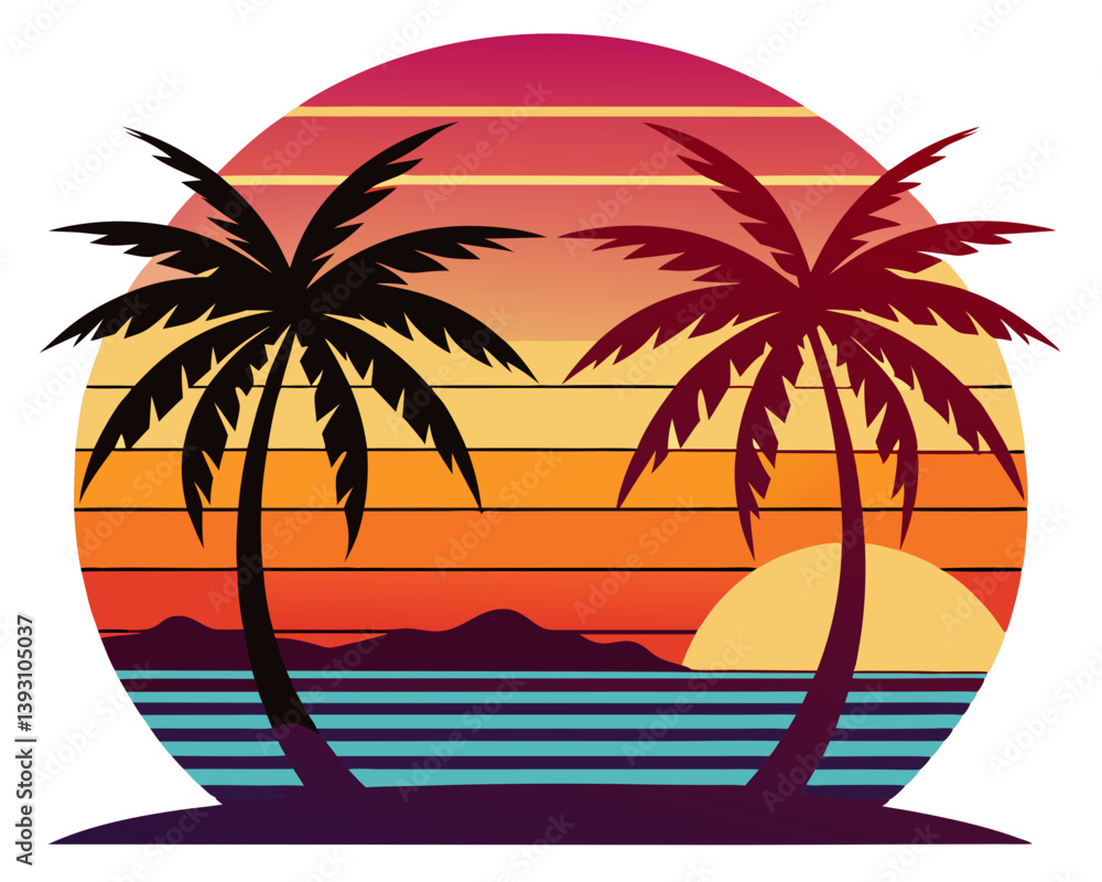 Fototapeta premium Retro Sunset Beach with Palm Trees Vector Design, Vintage Sunset SVG, Tropical Icon