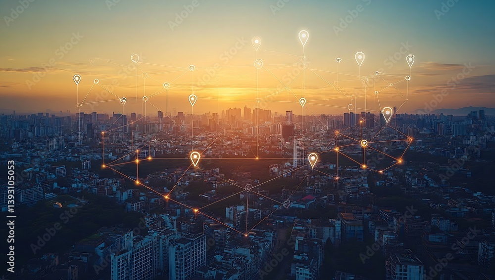 Fototapeta premium Connected Cityscape at Sunset with Network Nodes for Global Communication and Smart City Technology Concept : Generative AI