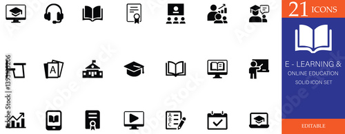 This E-Learning and Online Education icon set features 21 clean, solid black vector icons for digital learning platforms, virtual classrooms, online courses, certifications, and educational tools
