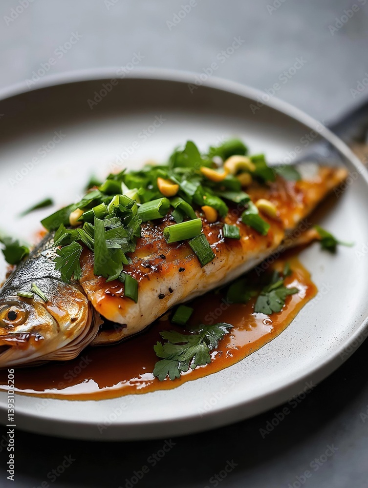 Plate of food, specifically a fish dish. the fish appears to be a tilapia, with a golden-brown color and a crispy texture. Plate of food, specifically a fish dish. the fish appears to be a tilapia, with a golden-brown color and a crispy texture.
