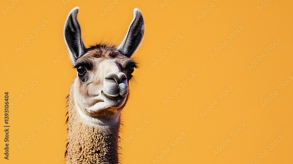 Obraz premium Llama portrait: A close-up shot of a llama's head against a vibrant yellow background, capturing its inquisitive gaze and unique features.