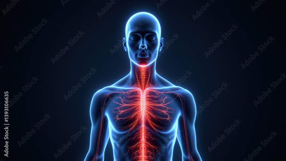 Medical illustration showing a side view of a human body with highlighted internal organs, particularly focusing on vagus nerve stimulation for a medical or educational context. Medical illustration showing a side view of a human body with highlighted internal organs, particularly focusing on vagus nerve stimulation for a medical or educational context.