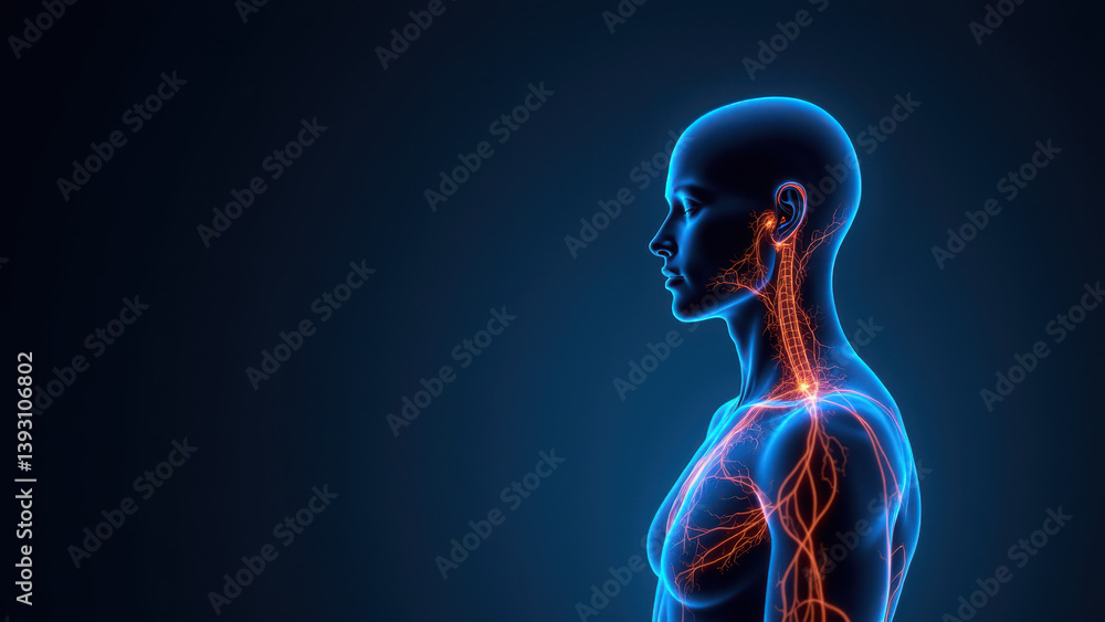 Illustration of a human torso with highlighted nervous system focusing on VNS. Illustration of a human torso with highlighted nervous system focusing on VNS.