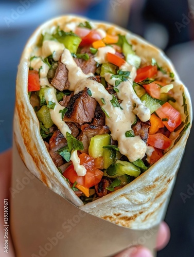 Hand holding a wrap filled with a variety of food items. the wrap appears to be made of a tortilla or burrito, and it is filled with chunks of meat, diced tomatoes, cucumbers, and other vegetables.