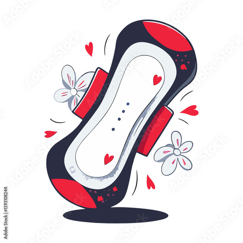 Vector of sanitary pad with red accents, floral elements, and heart motifs, modern feminine hygiene illustration symbolizing care, freshness, and protection