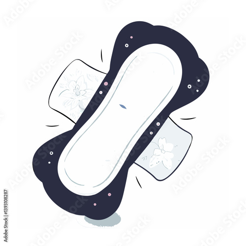 Vector of sanitary pad with wings and dark floral design, clean and modern feminine hygiene illustration emphasizing protection and nighttime comfort