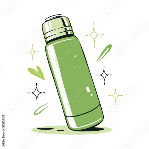 Vector of green thermos bottle with sparkles, clean and modern illustration symbolizing eco-friendly hydration, travel, and sustainable lifestyle