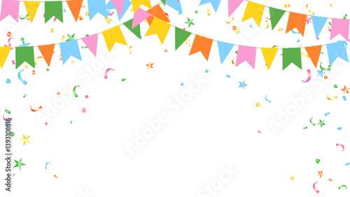 Frame colorful pastel bunting garland flag and star confetti vector. holiday, party, birthday, carnival, Cinco de Mayo