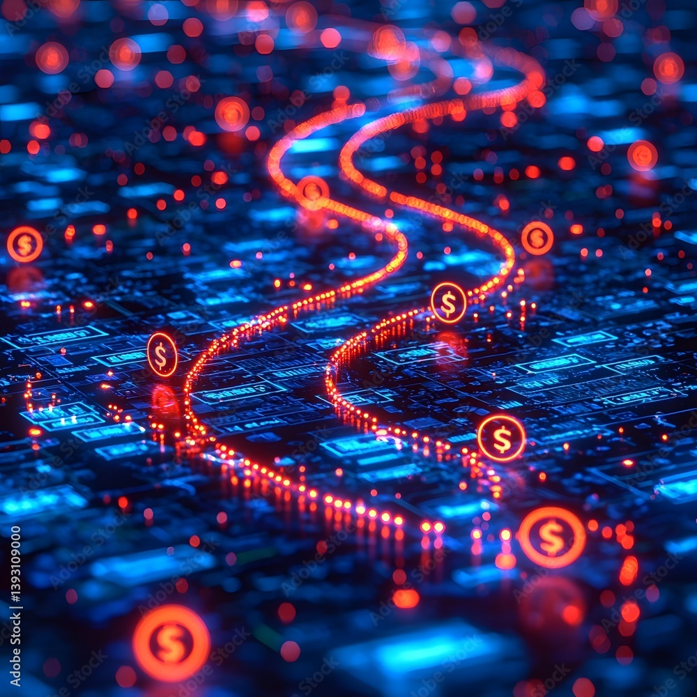 Glowing digital business roadmap with cash flow symbols