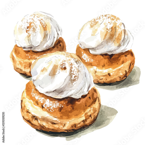 watercolor of Profiteroles A Beautifully Detailed, isolated on a white background.