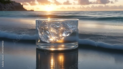 Sunrise Serenity: A Glass of Water on the Beach