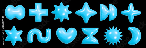 Vibrant geometric 3D figures featuring a shiny plastic texture and reflective fiber in a modern artistic display inspired by futuristic y2k design.