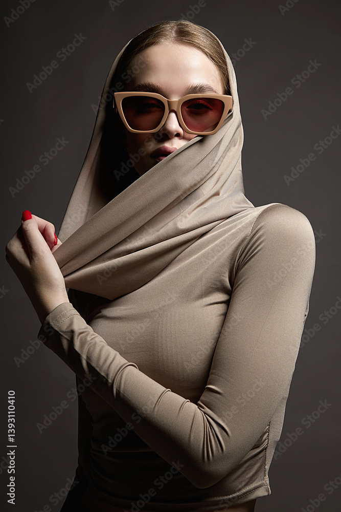 Beautiful young woman in sunglasses and hood