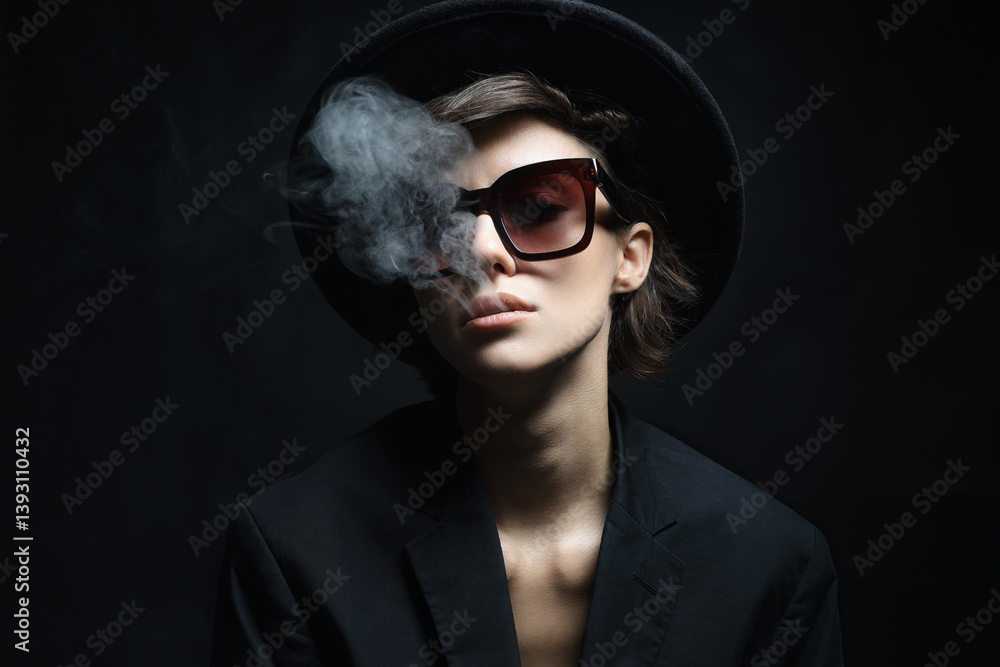 Smoking Beautiful woman in sunglasses and Hat
