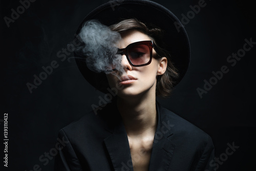 Smoking Beautiful woman in sunglasses and Hat