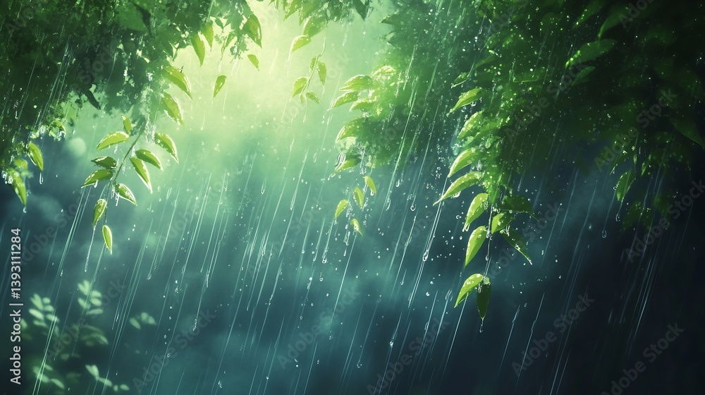 Dramatic scene of a lush rainforest during rainfall with water droplets clinging to vibrant green leaves soft sunlight breaking through the dense canopy and illuminating the misty atmosphere Dramatic scene of a lush rainforest during rainfall with water droplets clinging to vibrant green leaves soft sunlight breaking through the dense canopy and illuminating the misty atmosphere