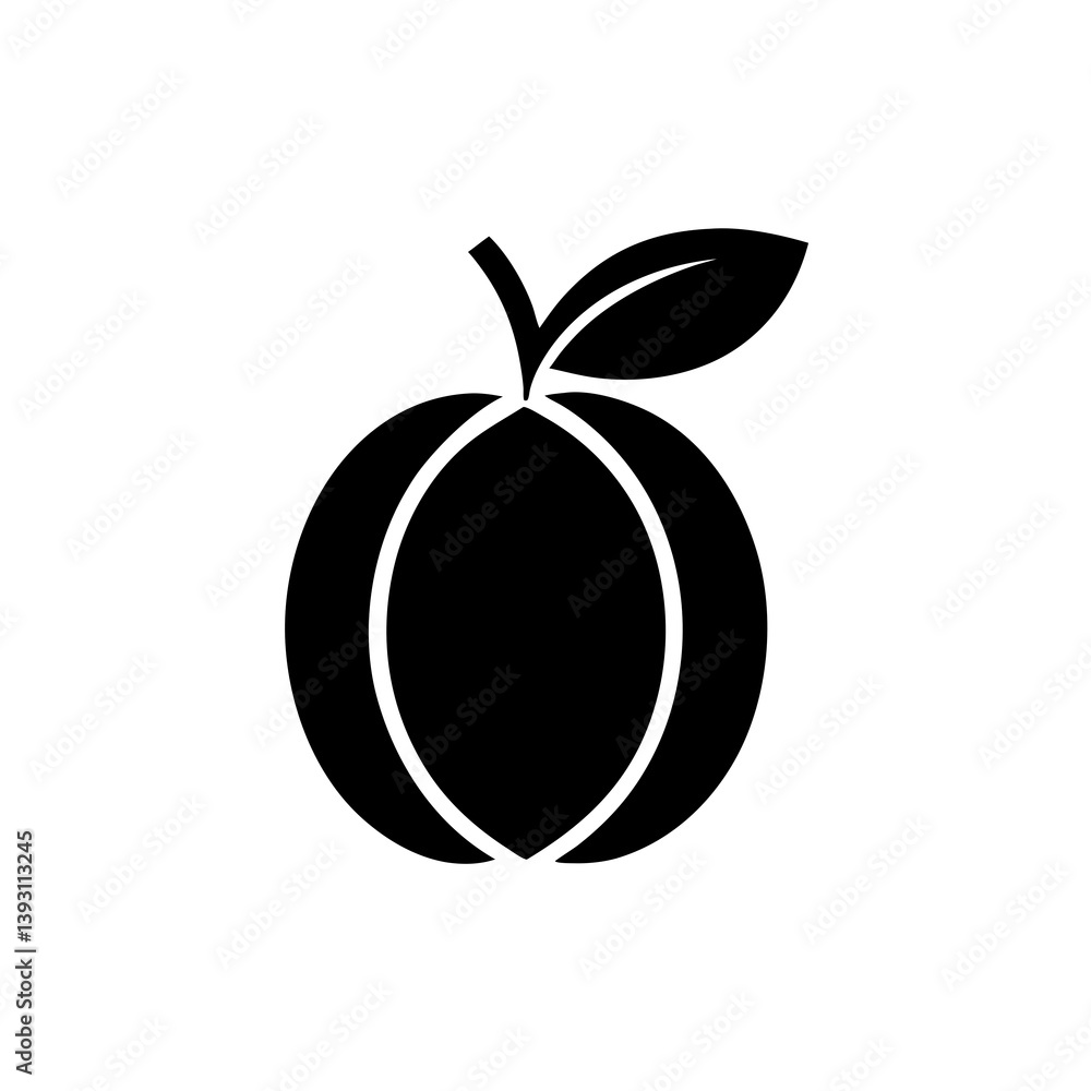 Black Silhouette Peach Icon with Top Leaf in Simple Minimal Outline Style
Black Silhouette Peach Icon with Top Leaf in Simple Minimal Outline Style