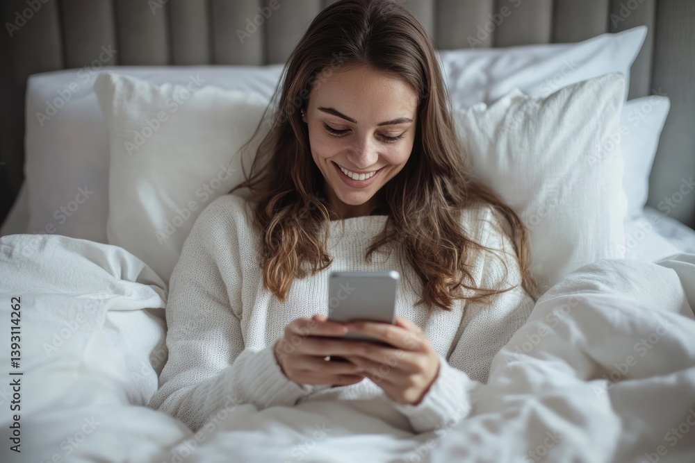 Smiling woman enjoys morning news on smartphone while relaxing in bed Smiling woman enjoys morning news on smartphone while relaxing in bed