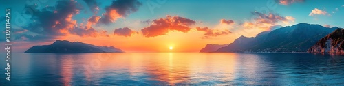Panoramic Sunset Over Ocean with Mountains Colorful Sky and Reflections on Water Nature Scenery Beautiful Landscape : Generative AI