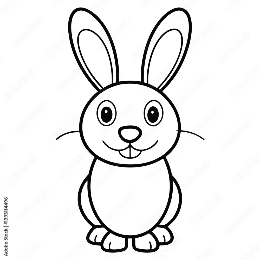 Fototapeta premium Cute pink cartoon bunny with big ears and a carrot is a happy easter holiday illustration of a baby animal coloring page