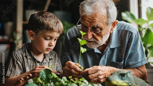 Grandfather and Grandson Examining Plants Together