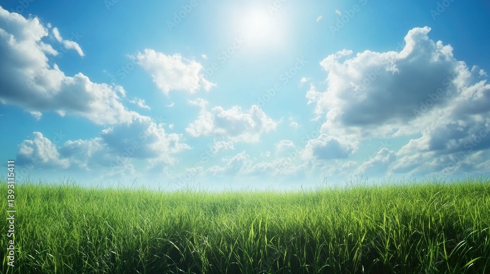 Lush Green Meadow Under Bright Blue Sky with Fluffy White Clouds Lush Green Meadow Under Bright Blue Sky with Fluffy White Clouds