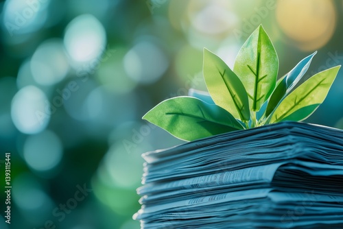 Growth of New Ideas Represented by Fresh Leaves Emerging From Stacked Papers ...