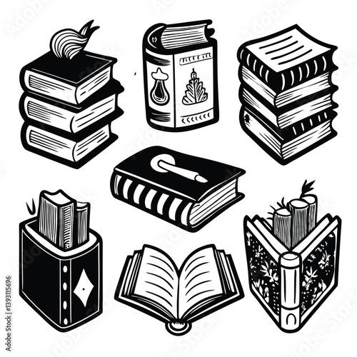 Hand-Drawn Book Stack Doodle Set – 6 Unique Black and White Sketch Illustrations