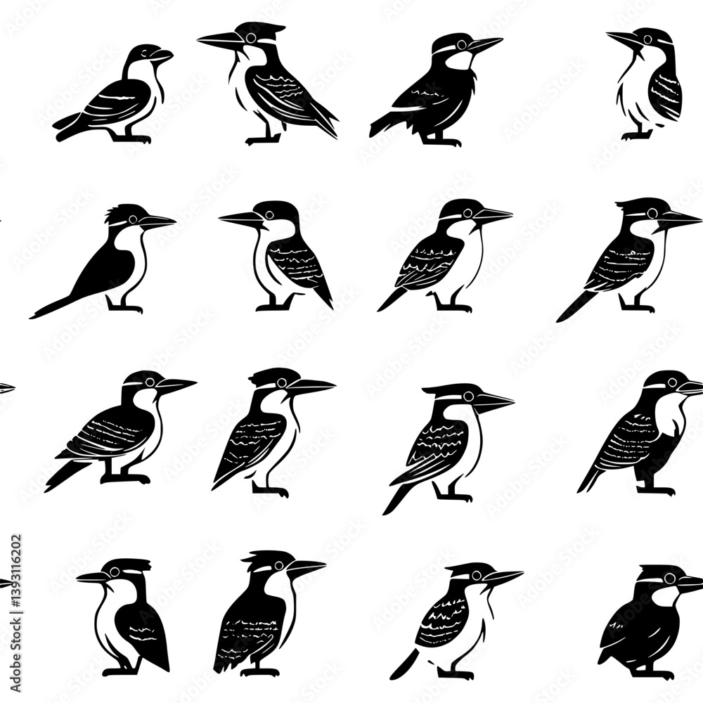 Fototapeta premium Collection of Kookaburras pattern vector designs, Kookaburras seamless pattern