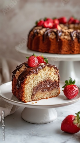 Delicious Chocolate-Filled Cake Slice Topped With Strawberries on Display