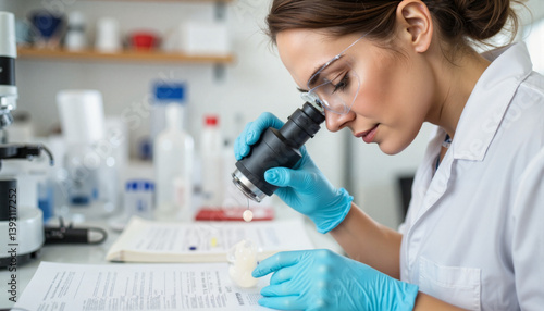 Female scientist examining samples with a microscope in a lab