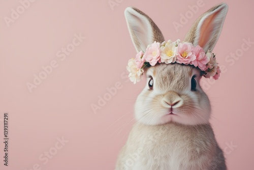 Cute Rabbit With Floral Crown Against a Pink Background in a Playful Setting