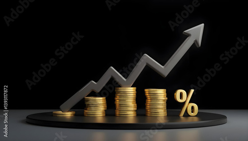 Rising interest rate with upward graph over coins depicting profit growth