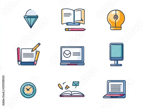 Illustrate modern icons for online education platforms highlighting features like interactive learning modes virtual collaboration tools online resource centers