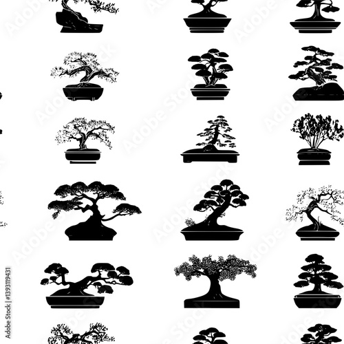 Collection of Bonsai trees pattern vector designs, Bonsai trees seamless pattern