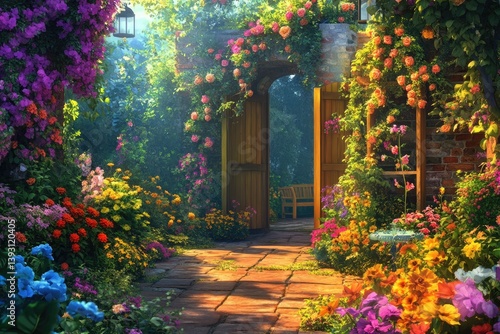 Fototapeta Naklejka Na Ścianę i Meble -  Sunlit garden path, vibrant flowers, archway