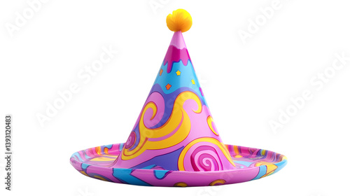 A festive birthday party hat with vibrant colors and a playful design, isolated on a white background.