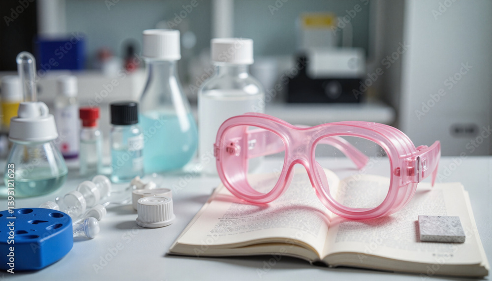 Laboratory goggles resting on an open notebook among glassware Laboratory goggles resting on an open notebook among glassware
