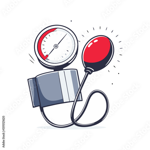 Vector of manual blood pressure monitor with red bulb and gauge, clean medical illustration focusing on cardiovascular health and diagnostics