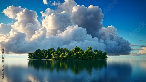 Serene Island Paradise: A Lush Green Isle Under a Majestic Cumulus Cloud Formation