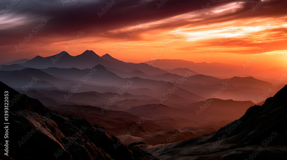 Naklejka premium A magical landscape as the silhouette of mountains stands against a glowing red and golden sky, with the fading light creating long shadows over the land.A magical landscape as the silhouette of mount